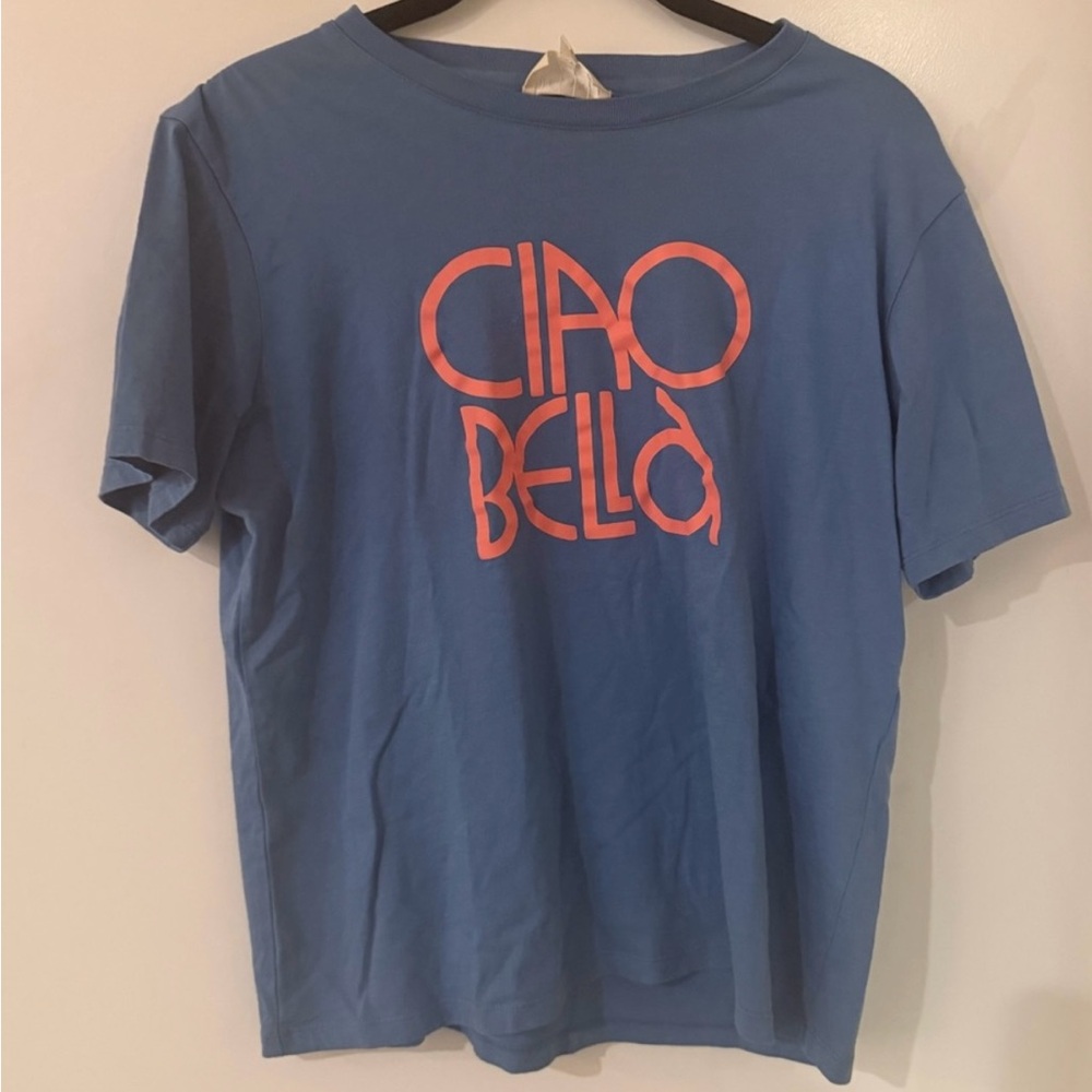 Sezane Blue Tee with Coral Graphic "Ciao Bella" - Picture 3 of 6
